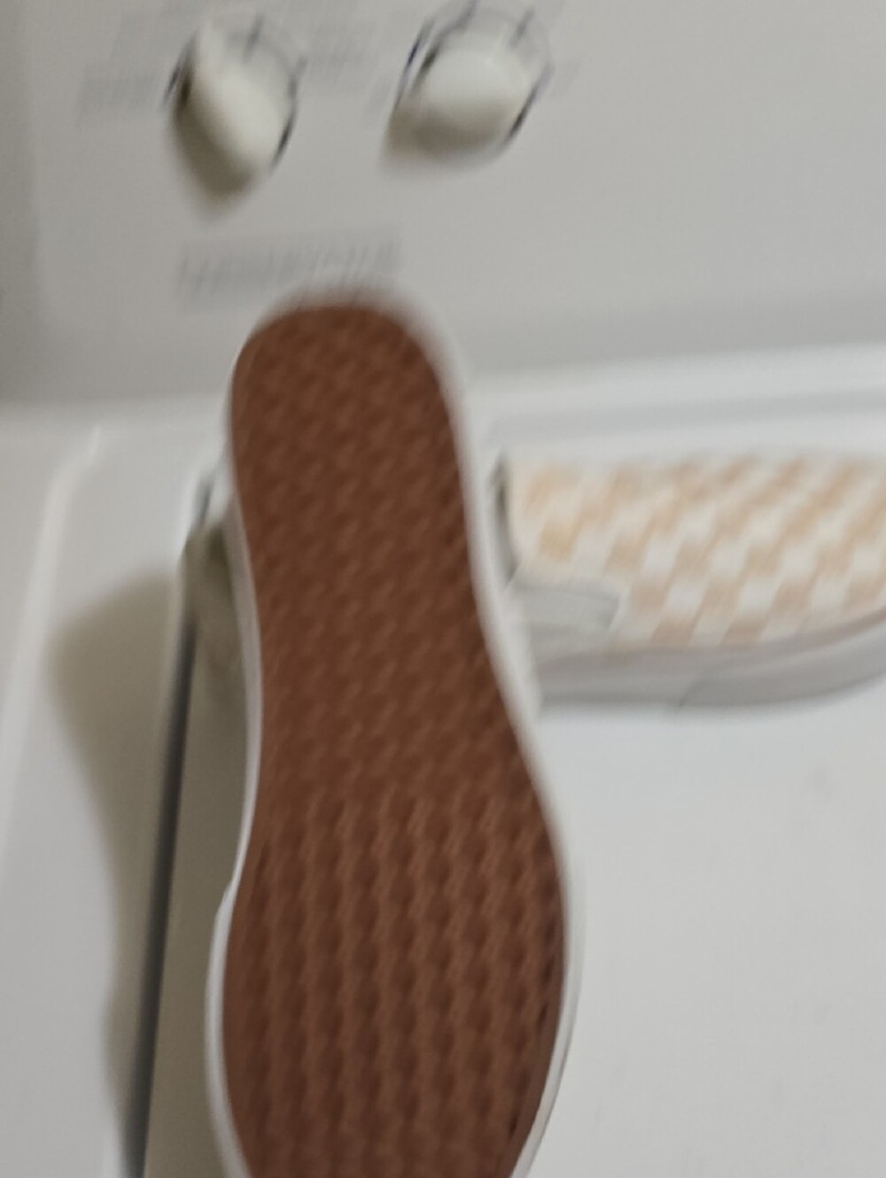 Woman Vans Slip-On Checkerboard Sneakers in Beige and White - Picture 7 of 7